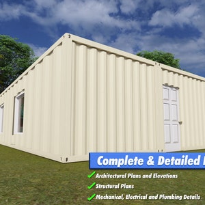 40 ft dubbele containerwoning – Ruime studio met één slaapkamer en luxe badkamer – DIY modern minimalistisch wonen – Digitale blauwdrukken