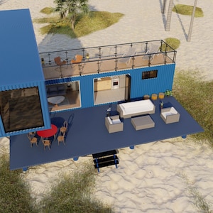A blue container home with a wooden deck and a glass railing on the roof. The home has a large window on the side and a smaller window on the front. The deck has a table and chairs, a couch, and a few plants. The home is situated on a sandy beach with green grass and palm trees in the background. The text 'Oasis Engineering' is visible in the top right corner of the image.