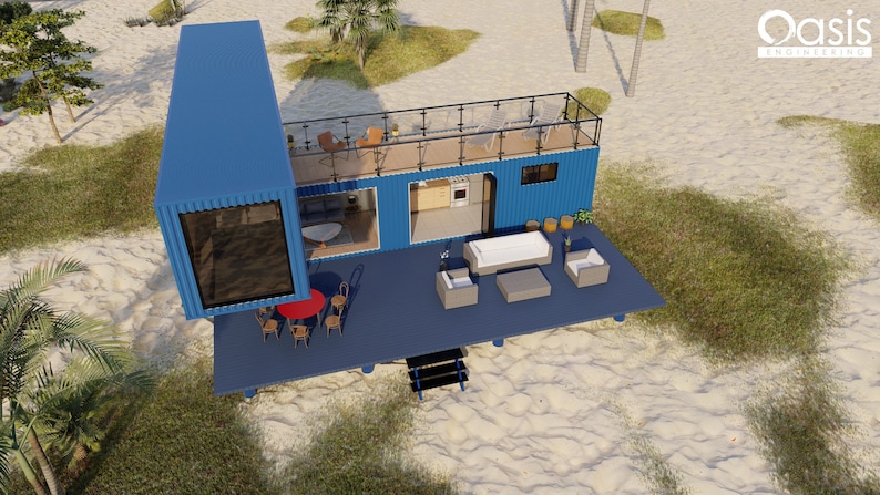 A blue container home with a wooden deck and a glass railing on the roof. The home has a large window on the side and a smaller window on the front. The deck has a table and chairs, a couch, and a few plants. The home is situated on a sandy beach with green grass and palm trees in the background. The text 'Oasis Engineering' is visible in the top right corner of the image.