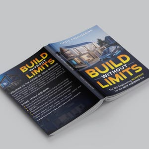 Pode incluir: Um livro aberto intitulado "Build Without Limits" com uma capa com uma ilustração de uma casa moderna. O título do livro está em letras grandes, amarelas e laranja. O livro está aberto, revelando texto e mais ilustrações.