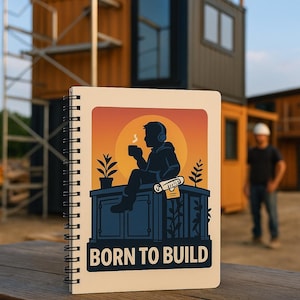 May include: A spiral bound notebook with a beige cover and a colorful illustration of a person sitting on a ledge with a cup of coffee and a blueprint. The illustration has a sunset background and the text "BORN TO BUILD" in bold, white letters.