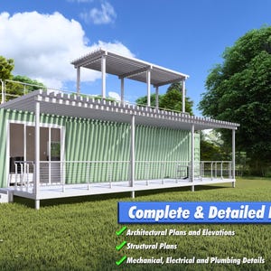 May include: A 3D rendering of a two-story house built from shipping containers. The house has a white metal roof and a wooden deck. The house is surrounded by green grass and trees. The text "Complete & Detailed Plans" is displayed below the house. The text "Architectural Plans and Elevations", "Structural Plans", and "Mechanical, Electrical and Plumbing Details" are listed below the main text.