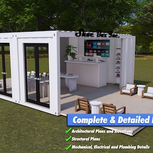 May include: A white shipping container converted into a retail store with the text "Shoe Box Inc." on the side. The store has a bar counter, shelves, and seating areas. The image includes the text "Complete & Detailed Plans" and "Instant Download".