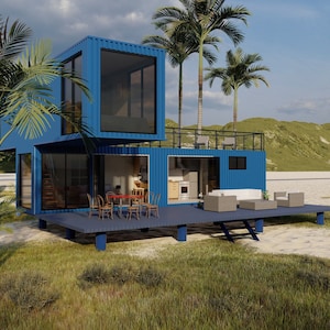 May include: A blue two-story container home with a wooden deck and a view of a beach and palm trees. The home has large windows and a modern design. The text "Oasis Engineering" is visible in the upper right corner of the image.