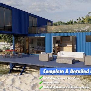Render of a pre-engineered shipping container home (C1), showcasing a sustainable, modern, and minimalist design, perfect for a tiny modular metal home. : A blue container home with a wooden deck and a white couch on the deck. The home is on a sandy beach with palm trees in the background. The text on the image reads: 'Complete & Detailed Plans', 'Architectural Plans and Elevations', 'Structural Plans', 'Mechanical, Electrical and Plumbing Details', 'Oasis Engineering', 'INSTANT DOWNLOAD'.