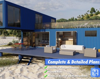 May include: A blue container home with a large deck and a white couch. The home is on a sandy beach with palm trees in the background. The text "Complete & Detailed Plans" is on the bottom of the image. The text "Architectural Plans and Elevations", "Structural Plans", and "Mechanical, Electrical and Plumbing Details" are listed below the main text. The text "Instant Download" is in a box with a download icon.