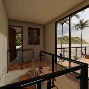 Render of a pre-engineered shipping container home (C1), showcasing a sustainable, modern, and minimalist design, perfect for a tiny modular metal home. A view from a staircase looking out a large window to a balcony with a chair and a view of a green hill, water, and palm trees. The window is framed with black trim and the balcony has a black railing. The staircase has a black railing with glass panels.