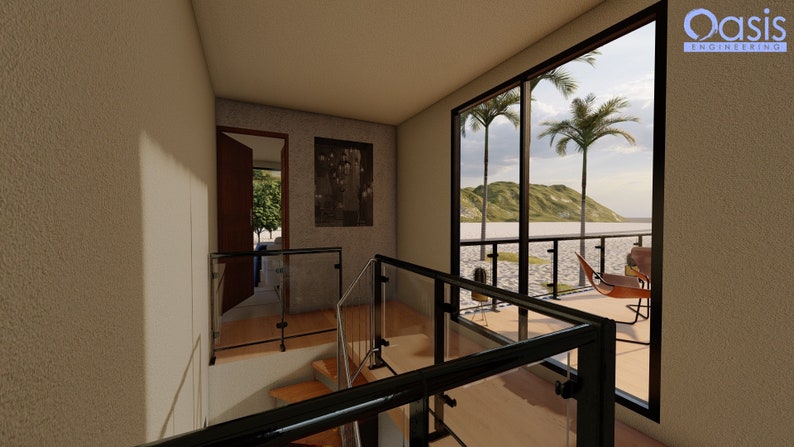 Render of a pre-engineered shipping container home (C1), showcasing a sustainable, modern, and minimalist design, perfect for a tiny modular metal home. A view from a staircase looking out a large window to a balcony with a chair and a view of a green hill, water, and palm trees. The window is framed with black trim and the balcony has a black railing. The staircase has a black railing with glass panels.