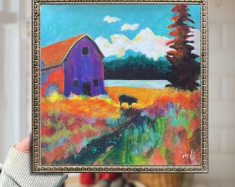 Fine Art Print "Specter in the Field" Impressionist Landscape Cow painting, Expressionist Barn, Farm, Colorful Art Print, 8x8 10x10 12x12