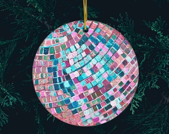 Diskokugel Original Acrylgemälde Keramikornament, Handgemaltes Design, Spiegelball Weihnachtsgeschenk