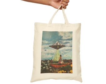 Alien Abduction Cotton Canvas Tote Bag, Spaceship Acrylic Painting "The Chosen One", Original Painting, Black or Beige