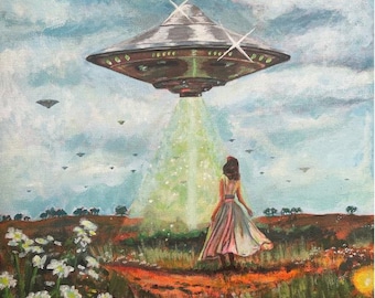 Fine Art Print "The Chosen One" Alien Abduction Art Print, Spaceship Acrylic Painting 11x14in, Original Painting