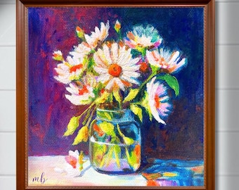 Fine Art Print "I Picked You From a Dream" Colorful Vase of Daisies, Spring Still Life Original Painting 8x8 10x10 12x12