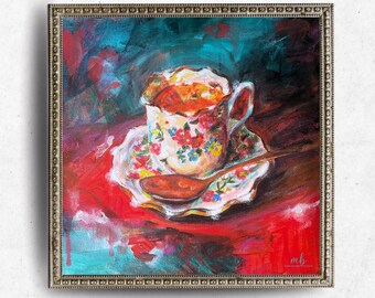 Fine Art Print “Stirring Light” Whimsical Modern Impressionist Floral Vintage Teacup, Kitchen wall art, Colorful Still Life 8x8 10x10 12x12