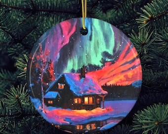 Neon Bunt Nordlichter gemütliche Landhaus Landschaft, verschneiter Wald Originalgemälde, Keramikverzierung, Weihnachtsgeschenk, Hüttenkunst