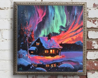 Fine Art Print "Color in the North" Neon Colorful Northern Lights Cozy Cottage, Snowy Forest Painting, 8x8, 10x10, 12x12, Winter Landscape