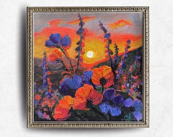 Fine Art Print "Fields of Fire" Colorful Neon Floral Spring Sunrise in the Mountains, Whimsical Flowers, 8x8 10x10 12x12 Bright Fun Decor