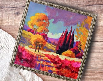 Fine Art Print "Eternal Autumn" Whimsical Landscape, Vibrant Decor, Modern Impressionism, 8x8, 10x10, 12x12, original wall art, No Border