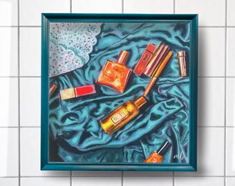 Fine Art Print "Ritual" Luxury Beauty Products on Teal Velvet, Glamorous Still Life, 8x8 10x10 12x12, Modern Impressionism Makeup Painting