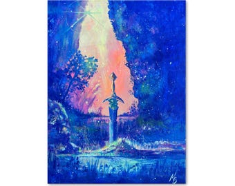 Fine Art Print "Veil of The Stream" Magical Sword Concept Art Painting, Colorful Acrylic Painting 10x14in print, Original Painting
