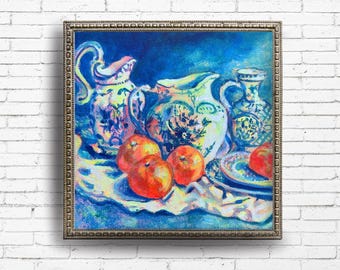 Fine Art Print "Oranges in Dreamlight" Vibrant Modern Impressionist Still Life 8x8, 10x10, 12x12 Midcentury Home Decor, Kitchen Decor