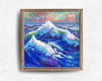 Fine Art Print "Into The Ocean" Whimsical Ocean Wave Original acrylic Painting 8x8, 10x10, 12x12, Colorful Calming Seascape wall art