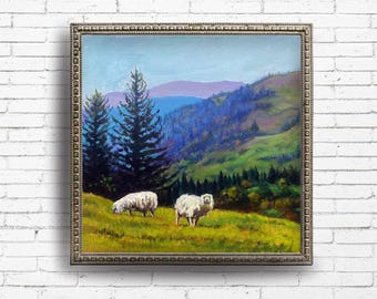 Fine Art Print “The Grazing Hour” Peaceful Mountain Landscape Painting, Mountains and Sheep Original Acrylic Art, 8x8 10x10 12x12