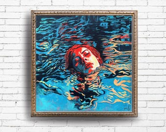 Fine Art Print "Mad Woman" Impressionist Woman Drowning Original Acrylic Painting 8x8 10x10 12x12 Colorful Wall Decor, No Border