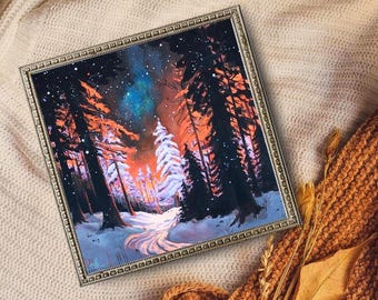Fine Art Print "The Star You Were Seeking" Cozy Colorful Winter, Galaxy Forest Landscape, Modern impressionist painting 8x8" 10x10" 12x12"