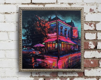 Fine Art Print "Electric Sky" Colorful Urban Neon City Night, Rainy Street wall art, 8x8, 10x10, 12x12 Game room art, Bar decor