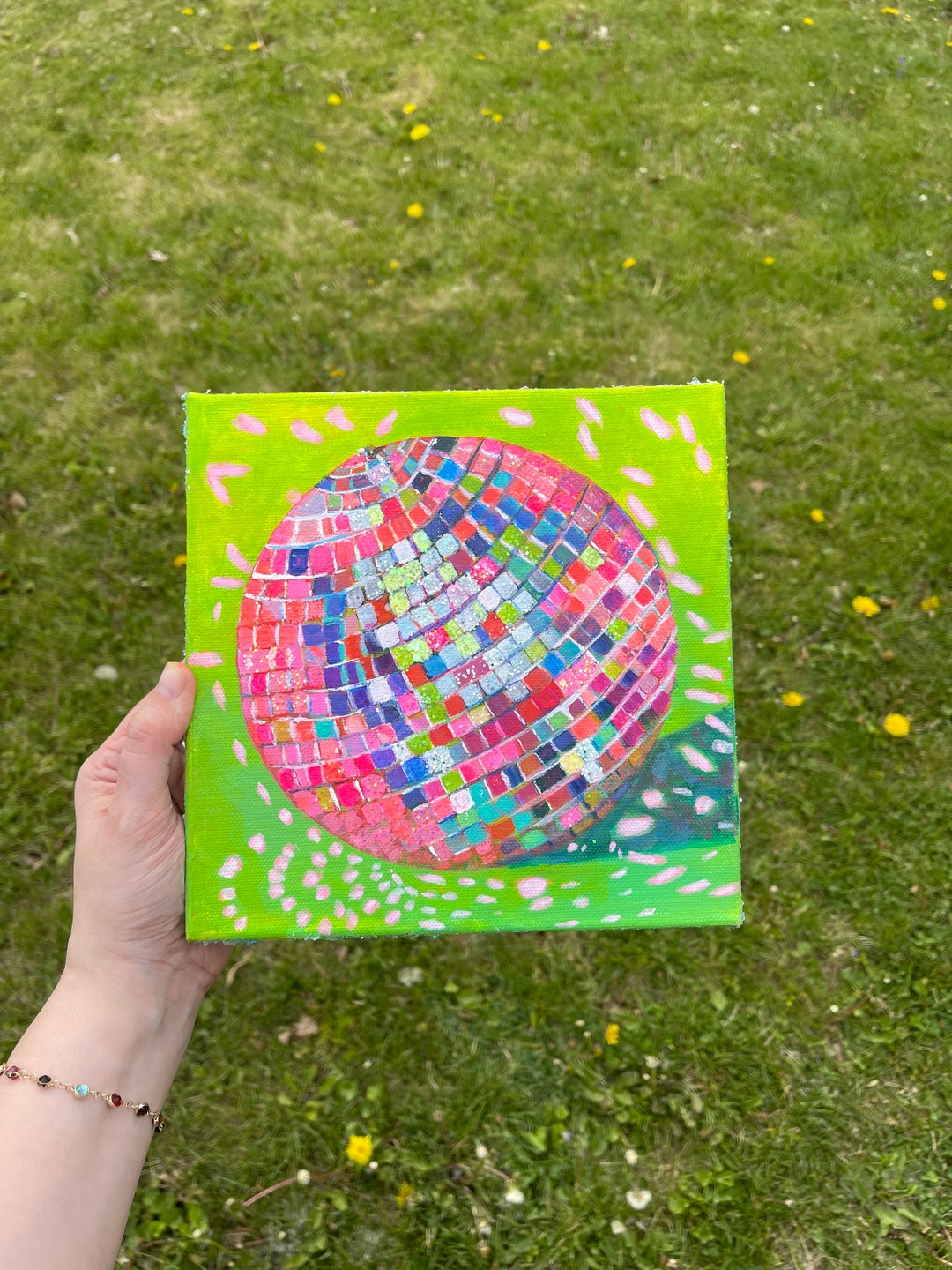 Disco Ball Original Acrylic Painting 8x8in, mirrorball, Colorful Fun