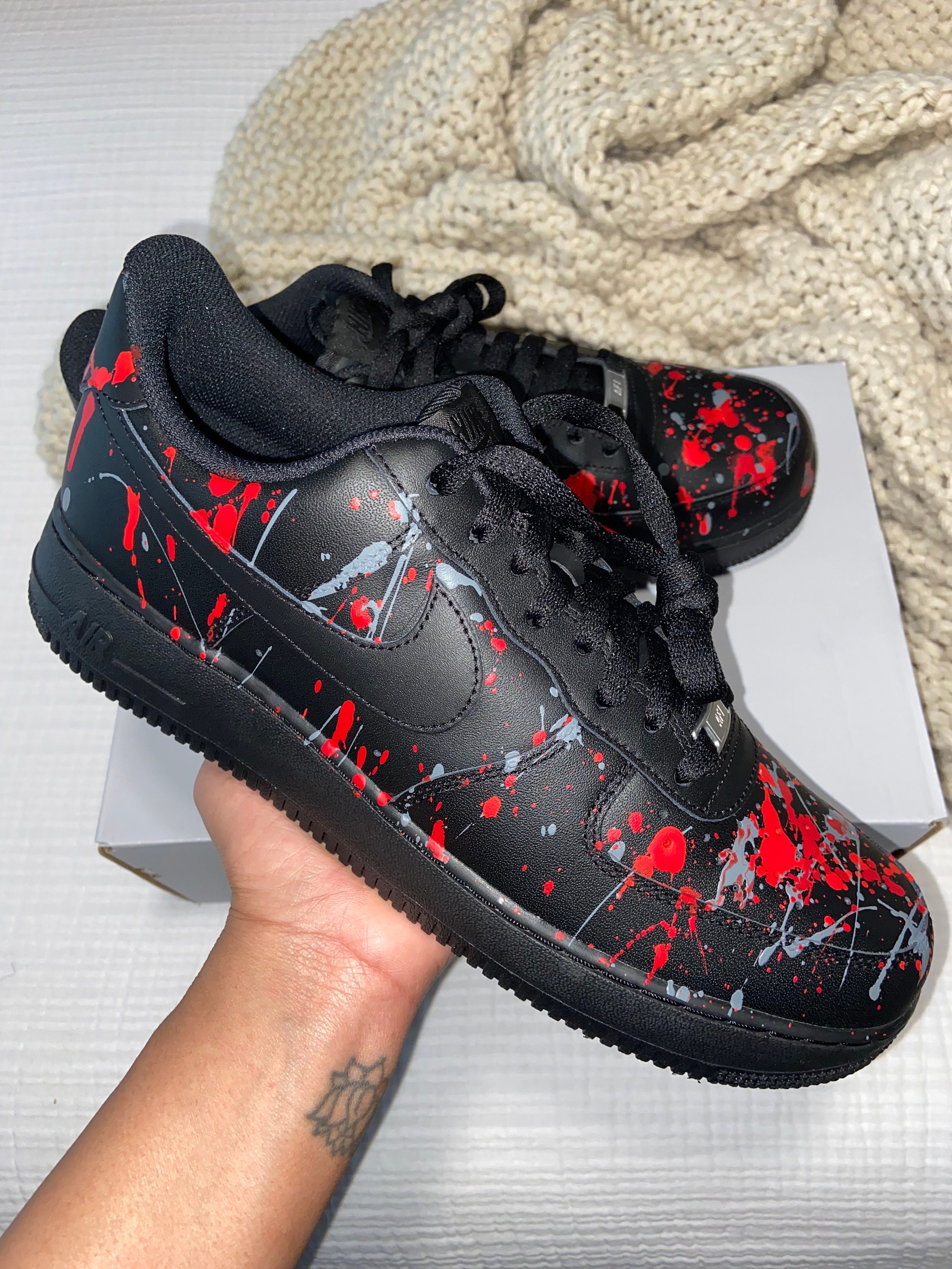 Nike Air Force 1 Low White Custom splatter paint shoes (Gray,Red,Black)