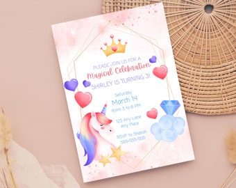 Editable Unicorn Birthday Party Invitation Template, Unicorn Party Invite, 3rd Birthday Party Instant Download, Printable Invite