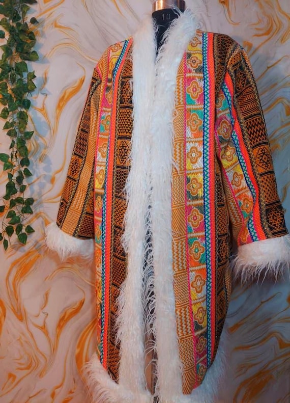 Reversible Afghan Coat, Colorful Geometric Patchw… - image 9