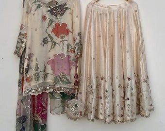 Light ceam Sharara Suit set, Gold Embroidery, Pakistani Party Outfit, natural silk heavy embroidery