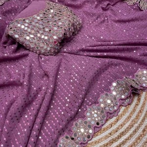 Purple Sequin Saree: Georgette Wedding Party Sari, Handmade Embroidery