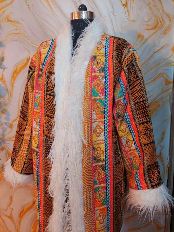 Reversible Afghan Coat, Colorful Geometric Patchw… - image 4