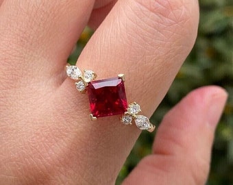 Princess Cut Ruby Ring Cluster Ring Red Ruby Ring Ruby Engagement Ring July Birthstone Ring Wedding Ring Gold Ring For Women