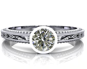 Vintage Solitaire Ring gegraveerde Ring Moissanite verlovingsring Bezel Set Ring filigraan Band Ring tijdloze verjaardag belofte Ring