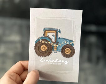 Invitation card for children's birthday party / Tractor / Individual without envelope / Blue / Farmer
