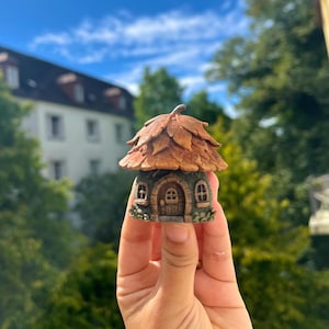 Op de afbeelding: Een miniatuurfeeënhuisje met een bruin, bladachtig dak en een steenachtige basis. Het huis heeft een kleine gewelfde deur en ramen, met wat groen mos rond de basis. Het huis wordt vastgehouden tegen een achtergrond van een blauwe lucht en groene bomen.