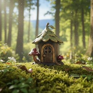 May include: A whimsical fairy house with a green, leaf-like roof and a wooden door with a cross design. Two red and white mushroom accents flank the house. The miniature dwelling is set in a mossy forest with sunlight filtering through the trees.