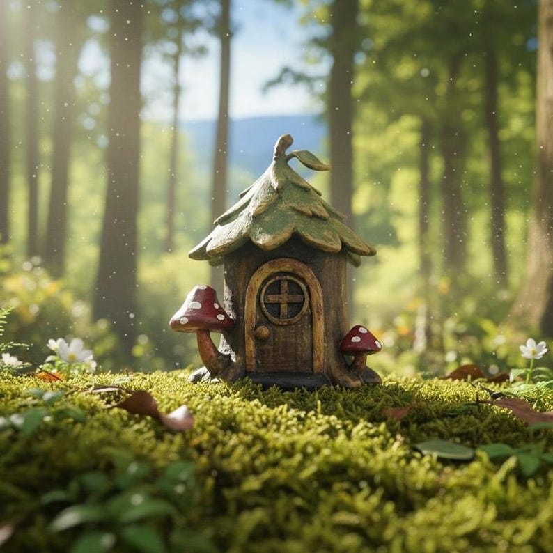 May include: A whimsical fairy house with a green, leaf-like roof and a wooden door with a cross design. Two red and white mushroom accents flank the house. The miniature dwelling is set in a mossy forest with sunlight filtering through the trees.