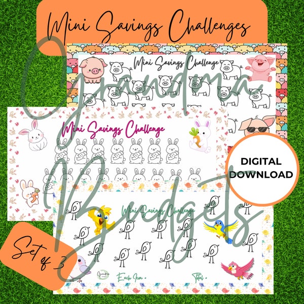Mini Savings Challenges Trio Bundle:  birds, pigs, and bunny tracker for budgeting cash envelopes