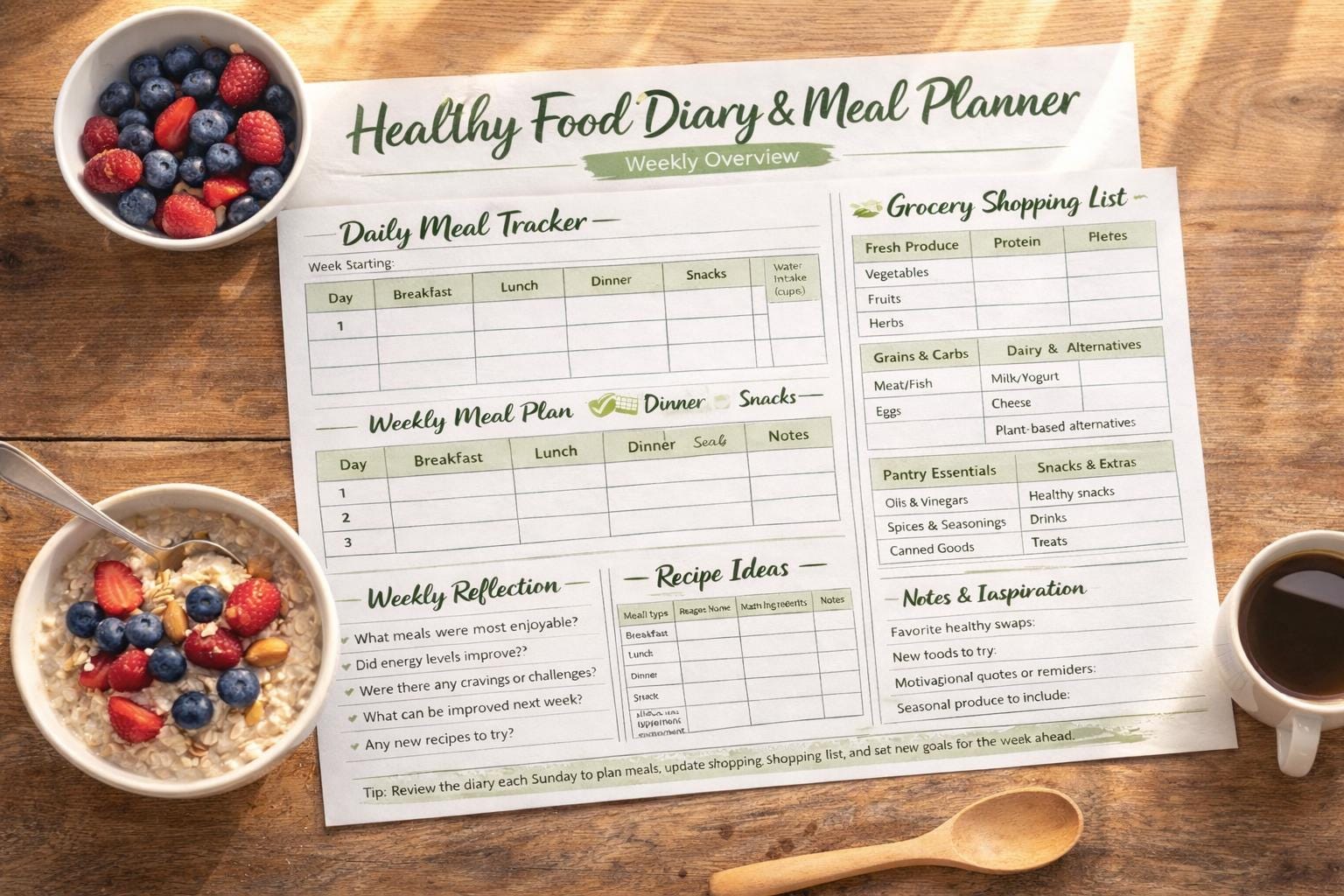 Healthy Food Diary & Weekly Meal Planner Printable PDF - Etsy