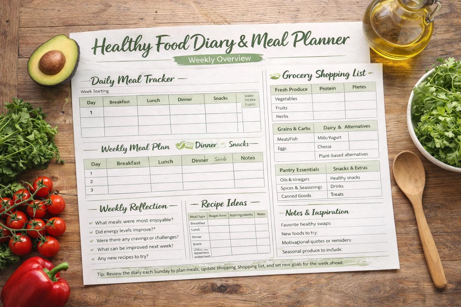 Healthy Food Diary & Weekly Meal Planner Printable PDF - Etsy
