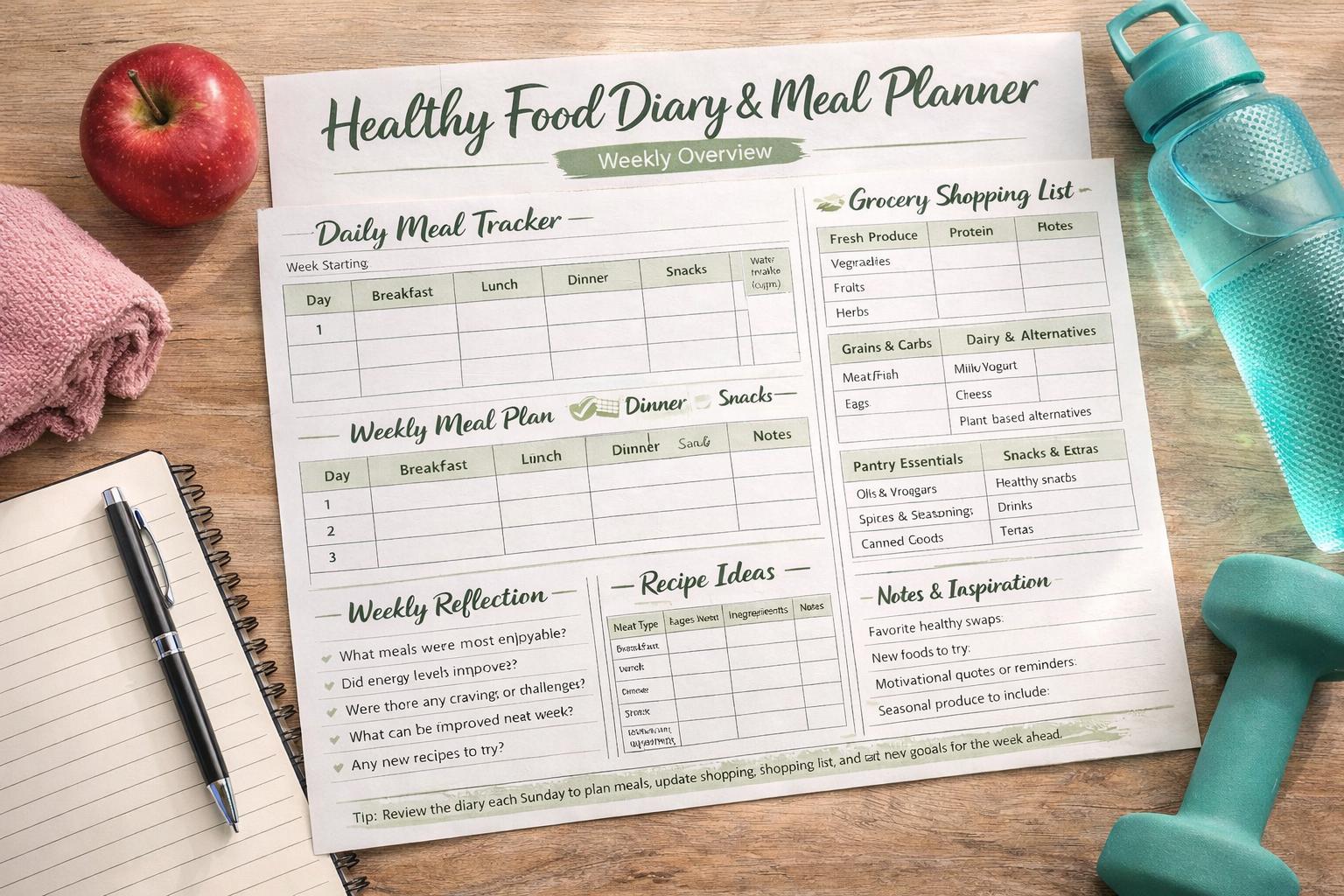 Healthy Food Diary & Weekly Meal Planner Printable PDF - Etsy