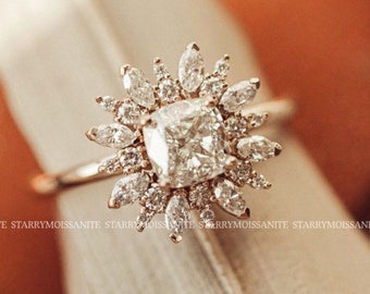 Vintage 1 CT Kissenschliff Moissanite Verlobungsring, Starburst Halo Ring, Art-Deco-Kissen Marquise Ring, 14K Gold Ehering für Frauen