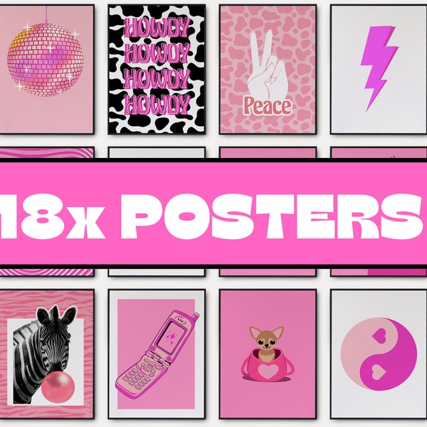 Y2K Poster mega set, 18 prints in a pink and preppy aesthetic, y2k room decor, wall art, y2k aesthetic prints, pink poster, pink decor