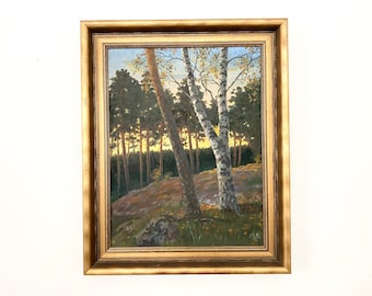 Vintage Swedish original landscape oil painting. Sunset in a forest. Scandinavian mid century modern